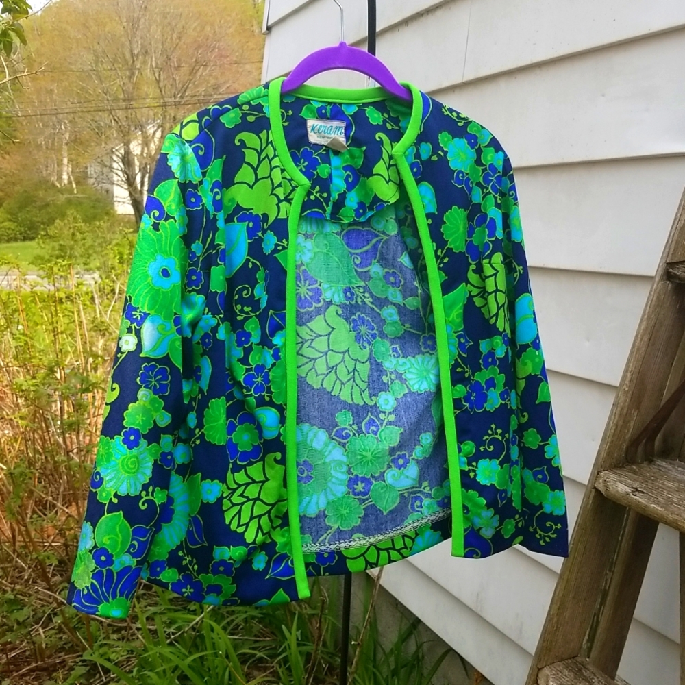 70s Vintage Keram NY blue green floral jacket L